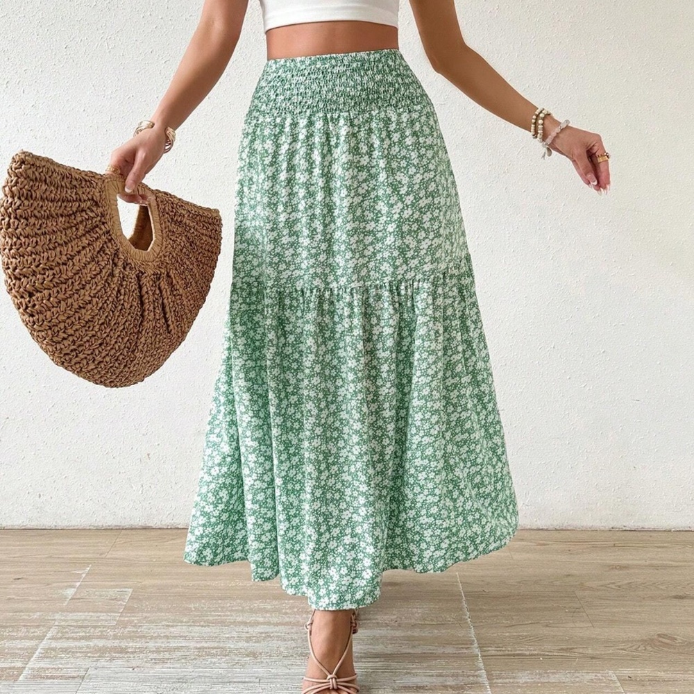Boho Green Floral Print Maxi Skirt